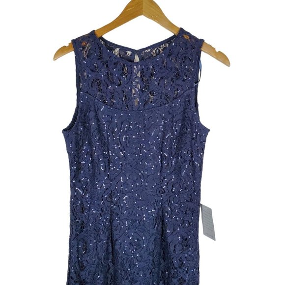 NEW MARINA Sequin Lace Gown Dress Sz 6 Navy Blue Sleeveless Sheath Keyhole Back - Picture 6 of 16